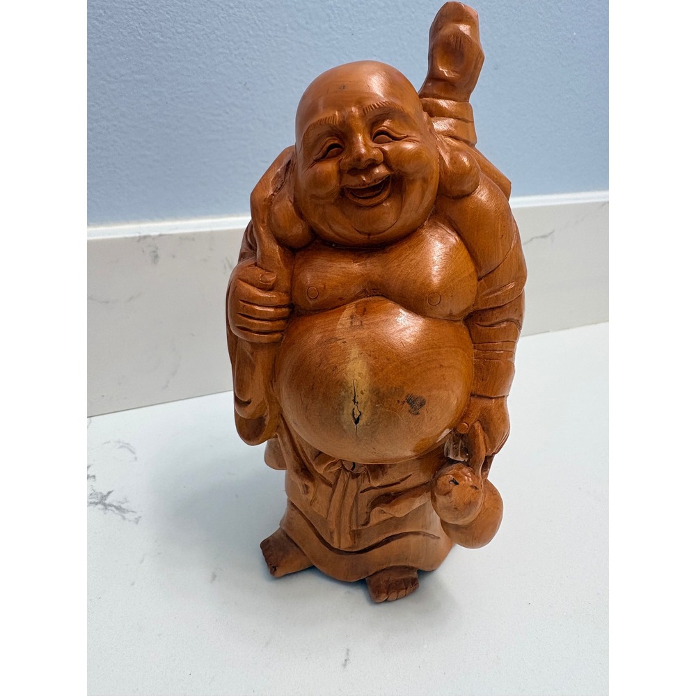 Vintage Hand Carved Wooden Laughing Buddha Hotei Figurine Folk Art 6.75"